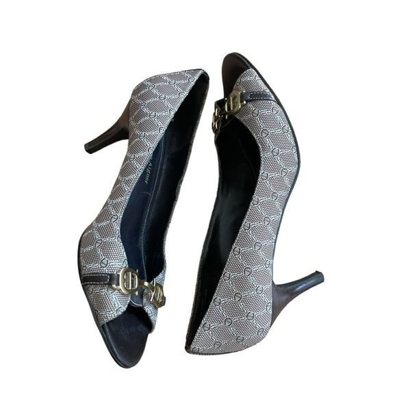 Vintage Etienne Aigner Cherise Logo Print Peep-Toe Heels Brown Open Toe 6.5 - Picture 7 of 12